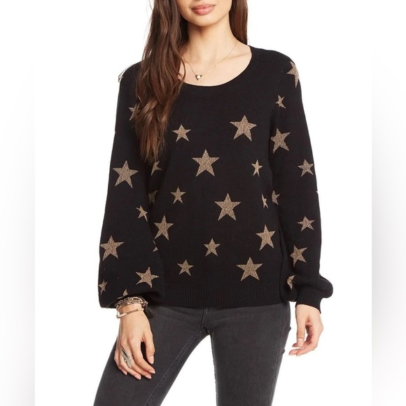 Chaser | Gold Star Blouson Sleeve Crew Neck Pullover Sweater Size XS - Picture 1 of 14